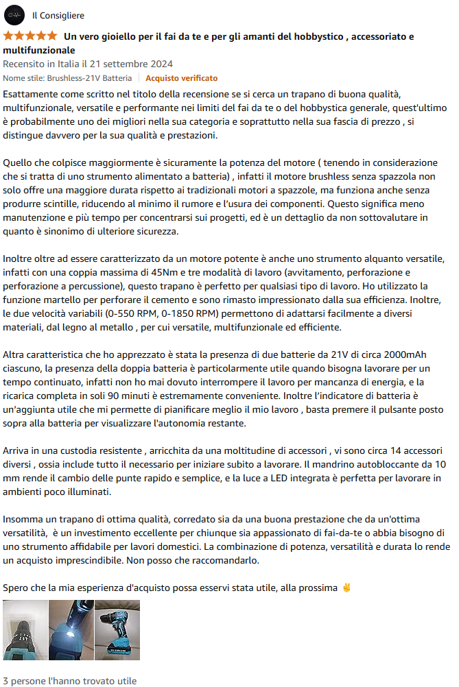 Recensione cliente lunga con foto finali